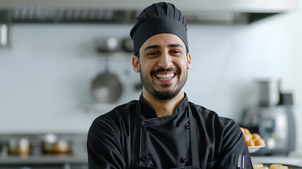 A happy, contagious man chef in a polished black outfit, radiating warmth and enthusiasm - obrazy, fototapety, plakaty
