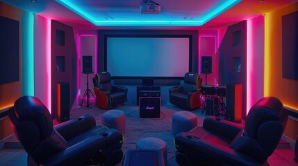 Private Home Cinema Room With Neon Lighting, Projection Screen, Armchairs, Speakers, Gaming Chair And Drum Kit