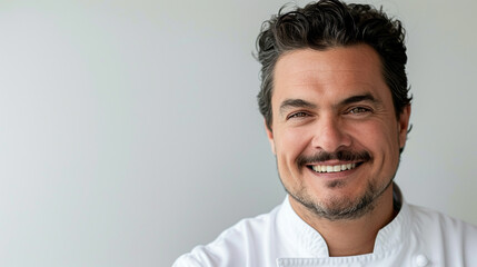 A male chef's smiling face, his eyes crinkling at the corners, against a clean white backdrop