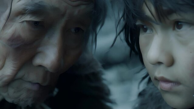 A young Tlingit warriorintraining receives guidance and instruction from a seasoned elder emphasizing the importance of passing down warrior knowledge and skills.