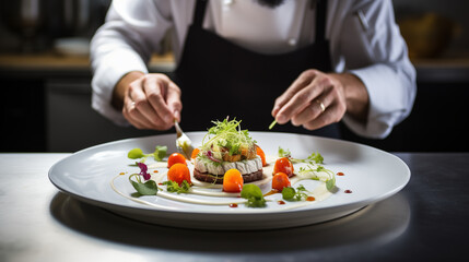 Obraz na płótnie Canvas Amidst the sophistication of a luxurious restaurant kitchen, a skilled food stylist delicately adds the final touches to a beautifully plated dish, the close-up shot immersing.