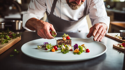 
A talented food stylist putting the final touches on a beautifully plated dish in preparation for...