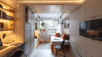 Stylish micro apartment for one, with living room open to home office and kitchen in corridor