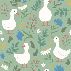 Seamless pattern with white geese, daisies, cornflowers and twigs. A repeating pattern with poultry among a flowering meadow. Characters of wildlife in the ornament