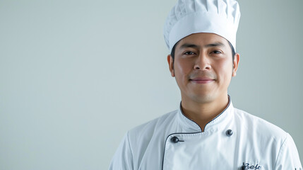 A professional male chef radiating warmth and joy in his polished light blue uniform against a spotless white backdrop, his smile inviting and genuine