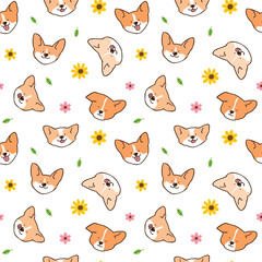 Obraz premium Seamless Pattern with Cute Cartoon Corgi Dog Face, Flower and Leaf Design on White Background