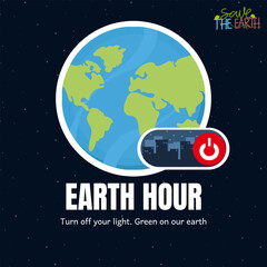 Earth Hour is a worldwide movement to turn off non-essential electric. Switch off button on silhouette city at night. Vector template for card, banner or poster.