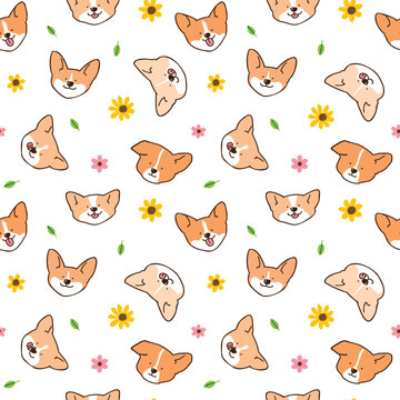 Seamless Pattern with Cute Cartoon Corgi Dog Face, Flower and Leaf Design on White Background