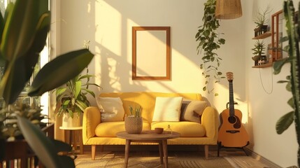 Vintage and cozy space of dining room with mock up poster frame, yellow sofa, wooden coffee table, guitar, plants, commode, decoration and personal accessories. Stylish home decor. Template.