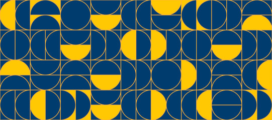 Blue and yellow semicircle seamless pattern. Abstract geometric half circle and square repeating background. Swiss modernist or postmodernist style wallpaper. Vector navy and gold modular backdrop © vika_k