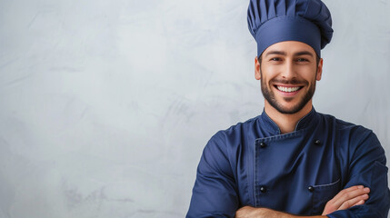 An image of a cheerful guy chef in a professional blue chef's outfit on a simple white background, clearly demonstrating his love of cooking