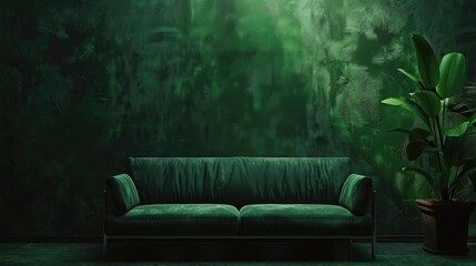 Wall mockup in dark tones with green sofa on green wall background.3d rendering