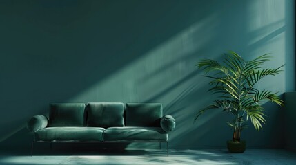 Wall mockup in dark tones with green sofa on green wall background.3d rendering