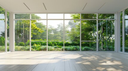 White home interior 3d rendering with garden view.