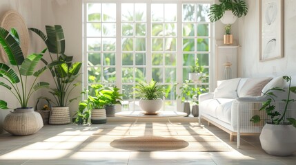 White home interior 3d rendering with garden view.