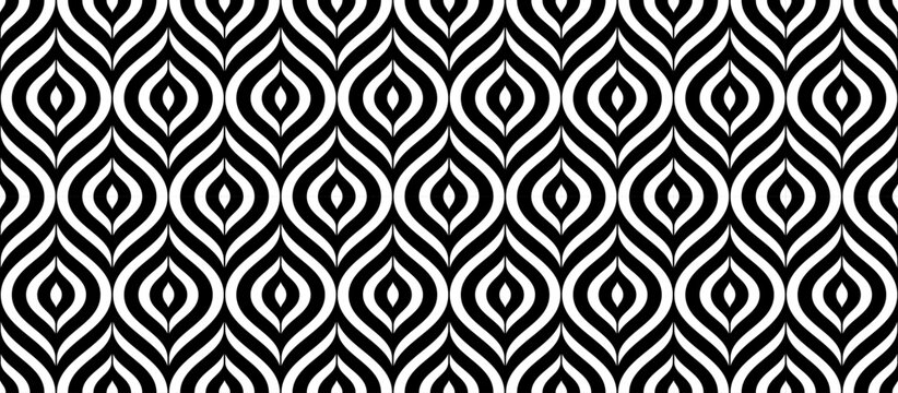 Retro art deco black and white seamless pattern. Repeated leaves, feather or floral motif. Vintage decorative texture for wallpaper, textile, fabric, print swatch. Vector elegant ornament backdrop