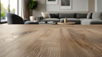 Wooden table top with blur of modern living room interior. 3d Render