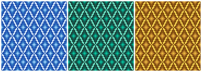 Squares and Diamonds mosaic pattern set Blue Green Yellow Pixel art seamless vector design.