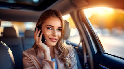 Portrait photo of a businesswoman sitting in a car and talking on a cell phone. Ai generated.