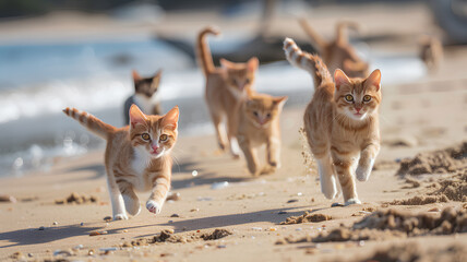 Cats in a Beachside Sprint on Sunny Day
. A lively pack of cats races across a sandy beach, leaving a trail of paw prints and stirred sand under the bright sunlight.
 - obrazy, fototapety, plakaty