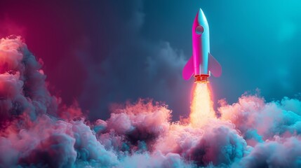 3d render rocket launch on computer laptop. new business start-up ideas. learning knowledge creativity. business success concept. 3d rendering illustration cartoon minimal style. - obrazy, fototapety, plakaty