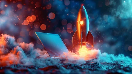 Tuinposter 3d render rocket launch on computer laptop. new business start-up ideas. learning knowledge creativity. business success concept. 3d rendering illustration cartoon minimal style. © Wayu