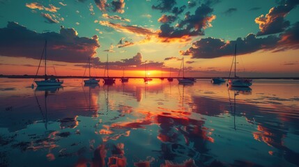 Yachts float in the calm of a coastal lagoon, bathed in the fiery hues of sunset. The water reflects the spectacle above, creating a symphony of color and tranquility - obrazy, fototapety, plakaty
