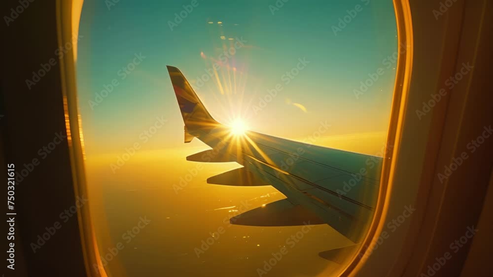 Poster the suns rays peeking through the window illuminating a wing of a plane as it prepares for takeoff.