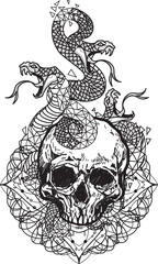 Tattoo art snake and skull pattern drawing and sketch black and white