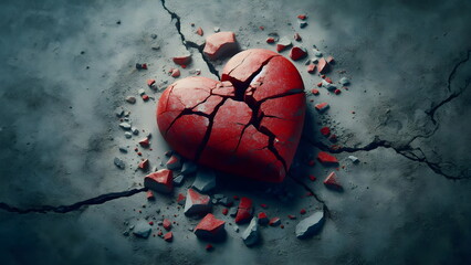 red stone heart smashed in a cracked concrete ground as a symbol for a broken heart and lovesickness