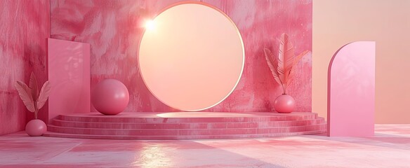 Vibrant pink abstract background with circular podium and tropical plant, perfect for product display and branding.