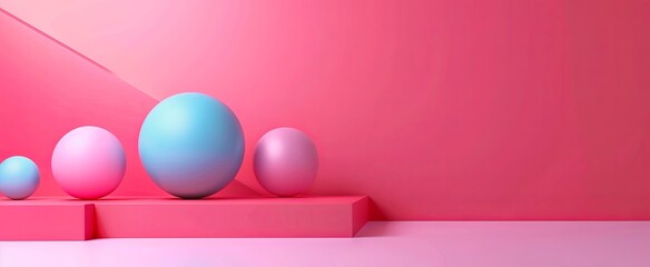 Soft pink abstract background with spherical shapes and a circular podium, creating a playful and dynamic setting for product displays.