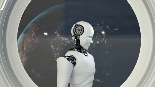XAI Futuristic robot, artificial intelligence CGI inside spaceship in space universe overlooking planet earth outside the space shuttle window. Robotic man 3D render animation.