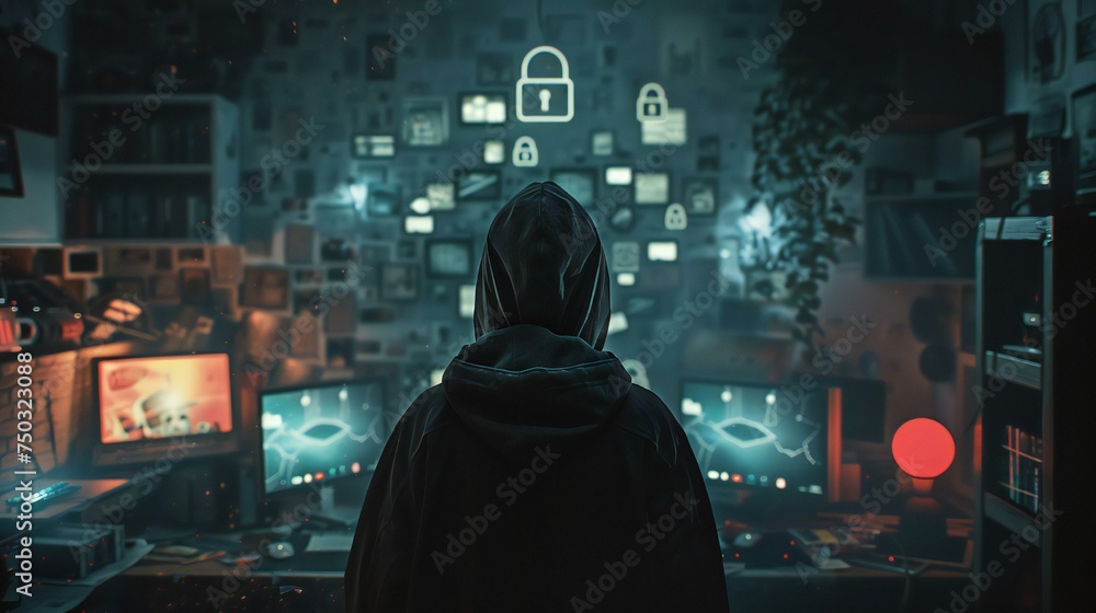 Poster a person is standing in front of a computer monitor with a hood over their head