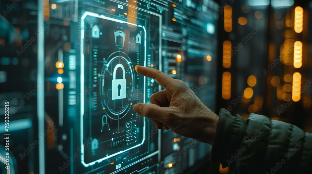Poster a person is pointing at a screen with a security symbol on it