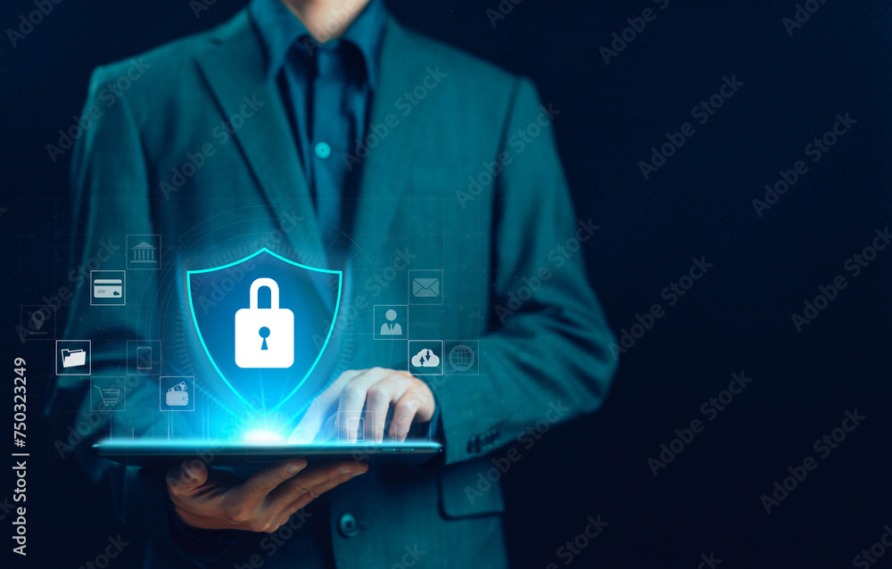 Poster password security and privacy on an online system. cybersecurity internet. lock mark protects attack