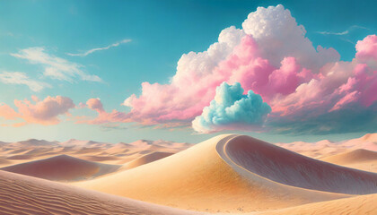 concept of surreal in sandy desert. Soft pastel colors ,Beautiful cloud with blue sky and pink...