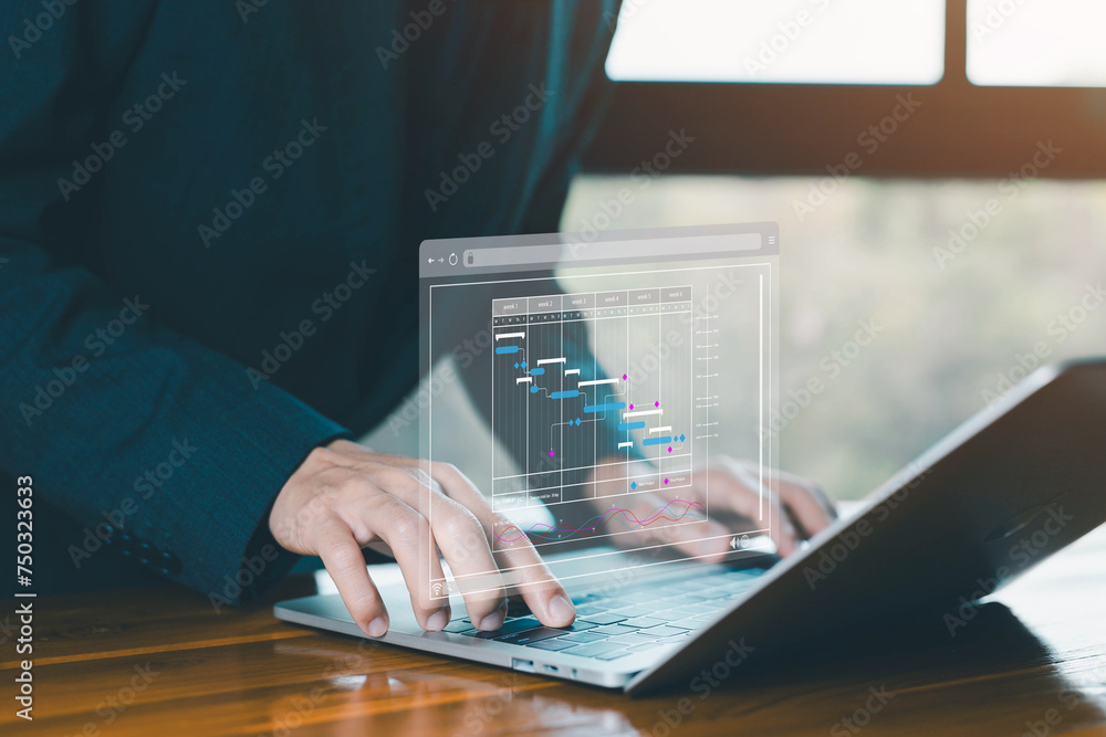 Fototapete schedule plan management work update. project planner in software workflow. concept updating and managing milestones on a timeline Gantt chart in technology online. appointment staff of business