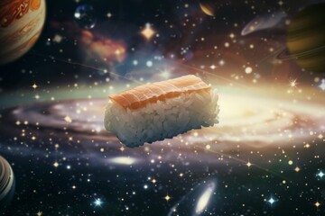 delicious-looking maki sushi roll defies gravity as it drifts amongst the stars