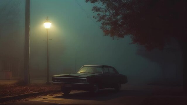 An eerie foggy night shot of a lone car parked under a flickering streetlight with rumors of a ghostly hitchhiker appearing to unsuspecting drivers who p by.