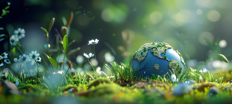 Earth Day banner. A   cute 3d plastic globe among  grass and wildflowers, against a  morning  cloudy sky. Ecology concept for backdrop, banner, greeting card, template with copy space