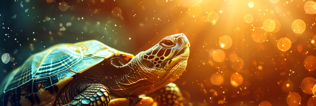  Large turtle underwater. Day of protection and purification of sea waters. Banner or poster for World Turtle Day on 23rd May.