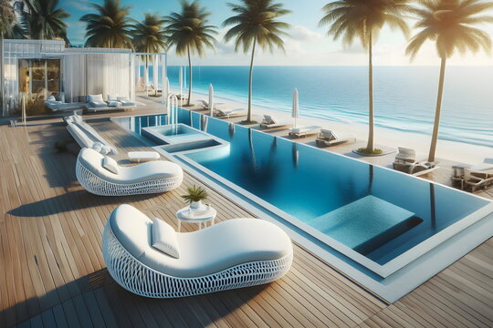 Luxury modern white beach hotel with swimming pool. Sunbed on sundeck for vacation home or hotel