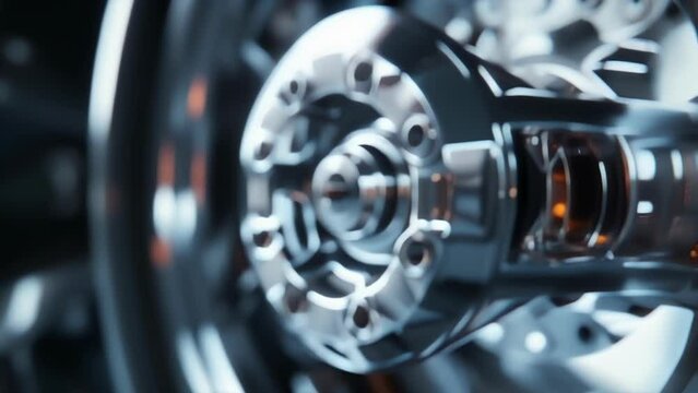 A closeup of the center hub shows a precise and seamless connection between the wheel and the cars axle.