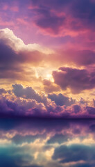 Fototapeta premium Dramatic sky with vibrant purple and pink clouds reflected over tranquil water at sunset.
