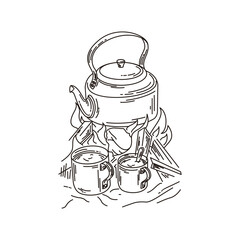 vector line art illustration of making coffee while camping