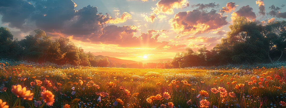 Beautiful view of sunset in the field of flowers. Created with Ai