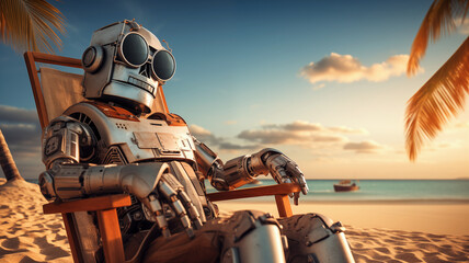Lonely Robot sitting on beach chair at the beach in sunset - obrazy, fototapety, plakaty