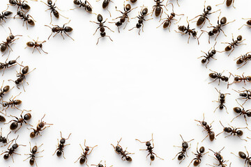 Ants circle frame on white background. Groups of insect with copy space. Insect colony, control disinfection