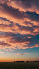 Fototapeta na wymiar Dramatic sunset sky with pink clouds over a tranquil rural landscape.